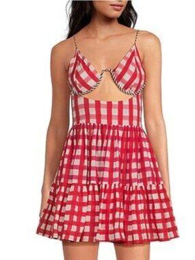 Mo Maya Runa Check Print V Neckline Sleeveless Mini Dress Size Small